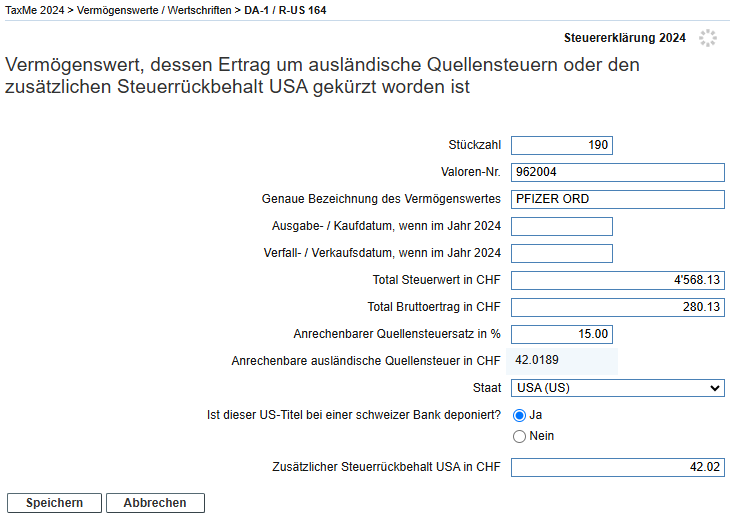 TaxMe-Online Dividende mit Abzug Quellensteuer und Steuerrückbehalt USA TaxMe-Online Dividende mit Abzug Quellensteuer und Steuerrückbehalt USA